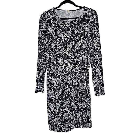 Boden 10 Black White Floral Ruched Mini Dress Tulip Hem Long Sleeve Jersey Knit - Picture 1 of 5
